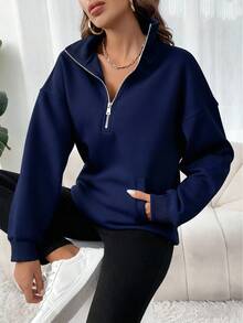 INAWLY Women's Navy Blue Solid Color Stand Collar Half Zip Sweatshirt - Navy Blue - View 3