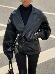 SHEIN EZwear Fall Women's Clothing, Flap Detail Drop Shoulder Cropped PU Leather Jacket, Batwing Sleeves, X-Belt Waist Tie, Casual Button Drop Shoulder Collar, Regular Fit Solid Color Women's Jacket, Suitable For Daily Wear - Black - View 1