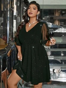 SHEIN Clasi 大码优雅网眼拼布 V 领短袖连衣裙，夏季 - 軍綠色 - 查看 8