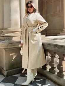 Xyvia Standard Size Women's Lapel Waist Belt Bow Pocket Sleeve Single-Breasted Long Overcoat, Autumn/Winter - Khaki - View 4