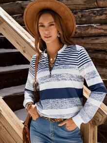 EMERY ROSE Áo nỉ thời trang nữ, cổ tròn, tay dài, khóa kéo nửa, cổ áo có gân tương phản, cổ tay áo và gấu áo, họa tiết sọc bất đối xứng, màu xám - Nhiều màu - Xem 4