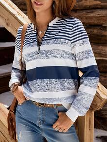 EMERY ROSE Áo nỉ thời trang nữ, cổ tròn, tay dài, khóa kéo nửa, cổ áo có gân tương phản, cổ tay áo và gấu áo, họa tiết sọc bất đối xứng, màu xám - Nhiều màu - Xem 5