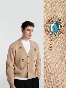 Manfinity Homme Áo khoác cardigan nam thời trang thu đông mới có mặt dây chuyền kim loại cao cấp - Màu Khaki - Xem 2