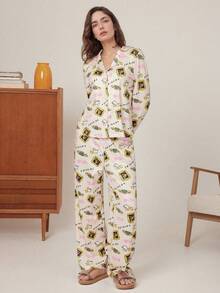 FRIENDS X SHEIN 女士舒适印花长袖上衣和裤子睡衣套装，秋季，秋装