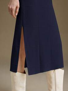 Ontre 女士宽松侧开衩半袖针织连衣裙，百搭百搭商务休闲连衣裙，优雅婚礼宾客连衣裙，秋冬 - 藏蓝色 - 查看 8