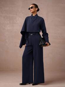 Lumalex 2 件套女式高腰束腰中长连衣裙和长袖西装外套套装秋冬女装 - 藏蓝色 - 查看 2