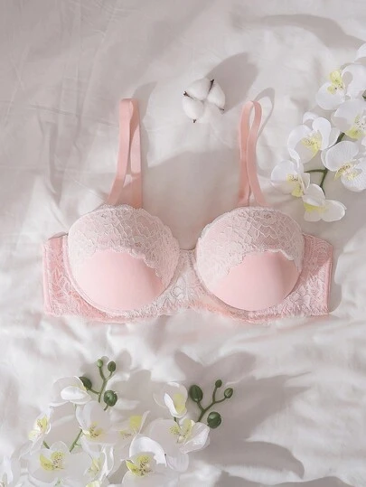 DelicateAllure 1pc Pink & White Push-Up Balconette Underwired Molded 1/2 Cup Strapless Floral Lace Bra, Suitable For Vacation, Party, Plus Size, Wireless Lingerie Bra, Intimate, Party, Date, Innocent, Sexy, Cute, Kawaii, Lift
