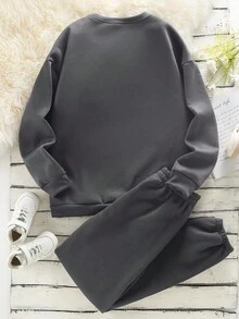 SHEIN 1 套女士时尚简约经典字母贴花圆领运动衫和运动裤套装，纯色长袖运动衫和长裤，2 件套服装，秋冬服装 - 深灰色 - 查看 2