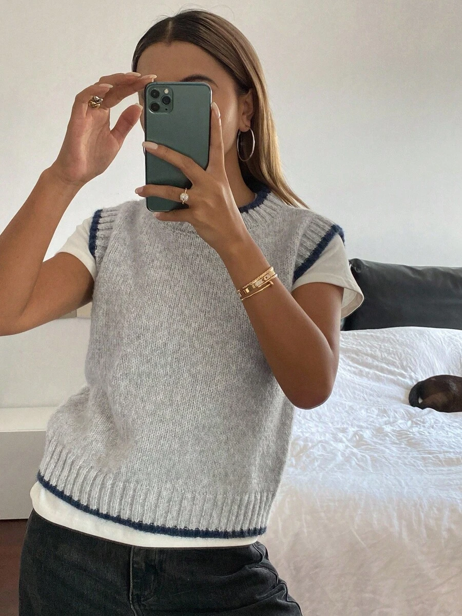 DAZY 女士休闲撞色针织背心，秋冬 - 灰色 - 查看 1