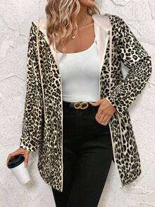 SHEIN Clasi Plus Size Casual Reversible Zip-Up Hooded Jacket, Suitable For Everyday Wear In Autumn/Winter - Khaki - View 3