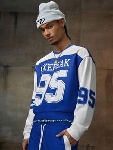 AXEPEAK Men Elastic Letter Print Crew Neck Long Sleeve Sweatshirt And Sweatpants Casual Suit, For Fall Winter, Clothes