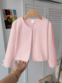 SHEIN Tween Girl Commuting Casual Solid Color Open Front Cropped Knit Jacket With Metal Buttons Autumn Winter Clothes For Girl - Baby Pink - View 2