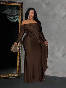 Maweii Plus Size Women's Solid Color Off Shoulder Long Sleeve Ruffle Tie Design Fitted Elegant Dress Fall - Brown - View 4