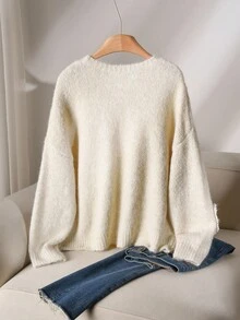 Elaquor Plus Size Women Plus Size Floral Decor Long Sleeve Pullover Sweater, Autumn/Winter