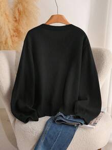 CosyJoli Plus Size Women Embroidered Bow Knitted Casual Cardigan, Autumn/Winter - Black - View 3