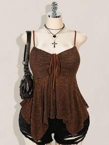 SHEIN ICON Plus Size Chest Drawstring Tie Bowknot Camisole, Asymmetrical Hem, Y2K Style, Suitable For Summer, Summer Vacation, Graduation & Back To School Season - Brown - View 1