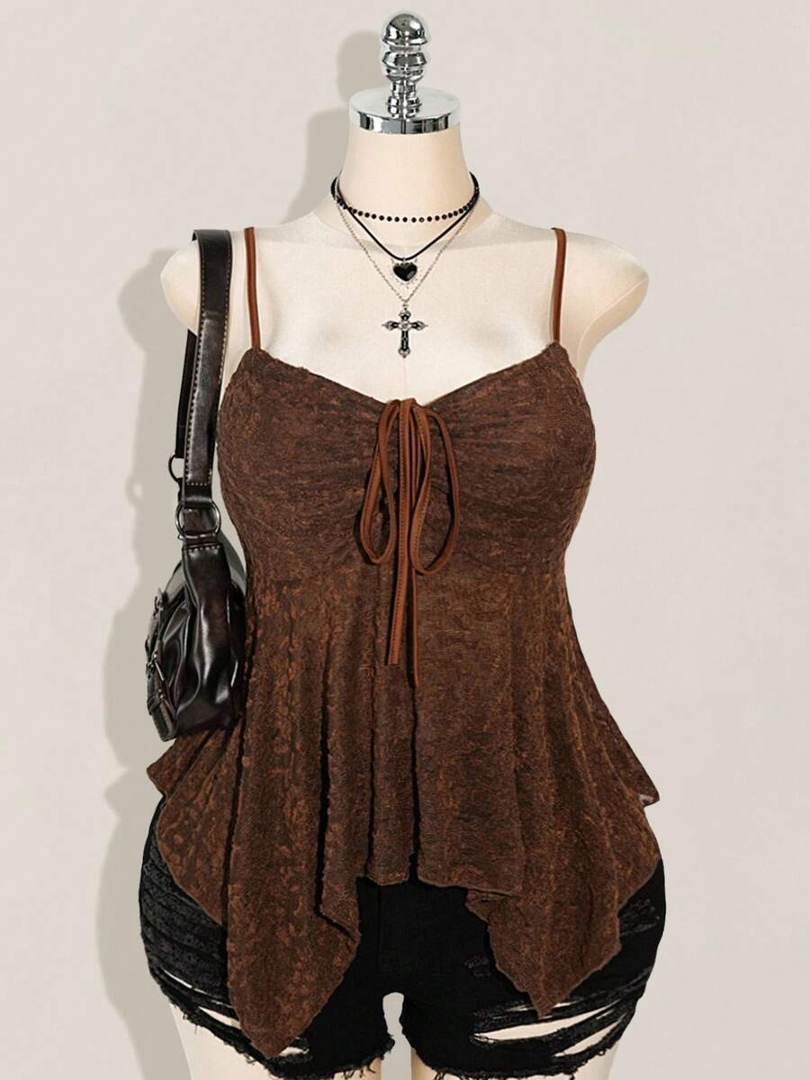 SHEIN ICON Plus Size Chest Drawstring Tie Bowknot Camisole, Asymmetrical Hem, Y2K Style, Suitable For Summer, Summer Vacation, Graduation & Back To School Season - Brown - View 1