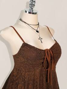 SHEIN ICON Plus Size Chest Drawstring Tie Bowknot Camisole, Asymmetrical Hem, Y2K Style, Suitable For Summer, Summer Vacation, Graduation & Back To School Season - Brown - View 5