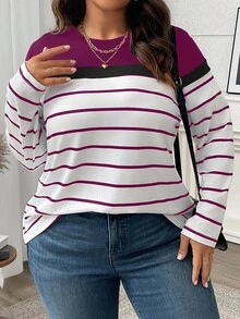 SHEIN LUNE Plus Size Color Block Striped Long Sleeve Women T-Shirt Tees Women Tops For Spring - Red Violet - View 3