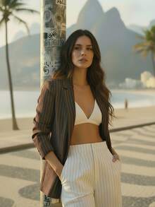 CAJUNI 女式休闲米色条纹衬衫夹克 - 咖啡棕 - 查看 3