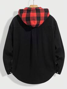 Teen Boy Fashion Casual Y2k Vintage Cool Street Red And Black Checkered Christmas Elements Hooded And Patchwork Design Featuring Streetwear Mix Of Pockets And Black Denim Loose Long-Sleeved Denim Jacket For Teen Boy Clothes Teen Boy Dailywear And Teen Boy Winter And Fall Rave Outfits Festival And Outfits Streetwear Clothes Teen Boys Collard Jackets - Black - View 2