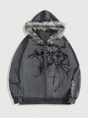 Goth Men's Casual Cross Print Patchwork Fleece Trim Zip-Up Hoodie Sweatshirt, Autumn
