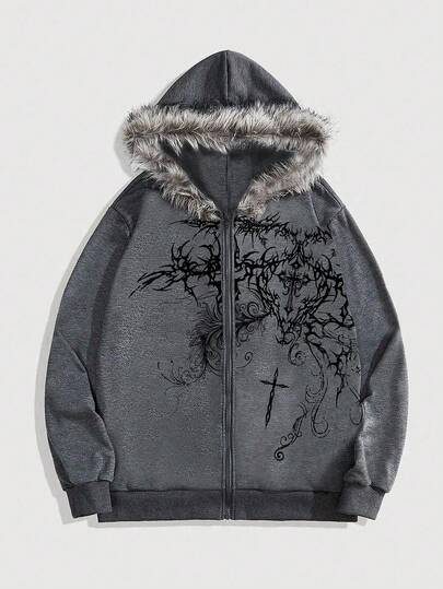 Goth Sudadera con capucha casual de hombre con cremallera, estampado de cruz, parches y ribete de forro polar, otoño