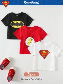 SUPERMAN X Cozy Pixies 3pcs Baby Boy Superhero Pattern Soft Knit Crew Neck Short Sleeve Pullover Tops Set Baby Boy Superhero Tshirts Toddler Superhero Tees Baby Boy Graphic Tees Cartoon Baby Boy Superhero Tees Toddler Superhero Tshirts Toddler Graphic Tshirts - Multicolor - View 1