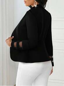 SHEIN Lady 女士纯色泡泡袖拼接网眼袖口优雅前开式收腰夹克，春秋季女士冬季夹克女士秋季服装女士秋季服装女士秋季服装 - 黑色 - 查看 2