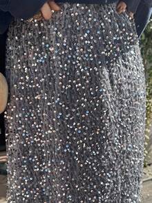 FRIFUL 女士银色亮片纹理面料直筒修身休闲百搭长裙，秋冬新年嘉年华 - 灰色 - 查看 7