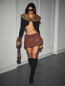 SHEIN EZwear Váy mini xếp ly denim cạp thấp phong cách Mỹ Y2K đơn giản, đa năng - màu nâu - Xem 7