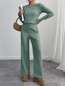 EURMUSE Women Solid Color Crew Neck Long Sleeve Fashionable Versatile Two Pieces Top And Pant Set Lounge Sage Green Autumn Casual - Mint Green - View 7