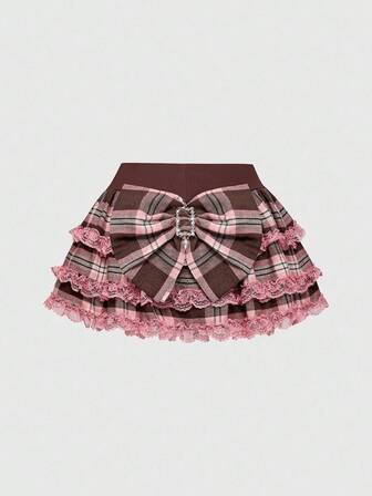 J-Fashion Y2K Harajuku Style Oversized Bow Low Waist Lace Trim Plaid Skater Skirt For Women