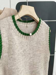 Franclia 女式休闲宽松圆领无袖针织撞色边卡其色毛衣上衣，春秋季