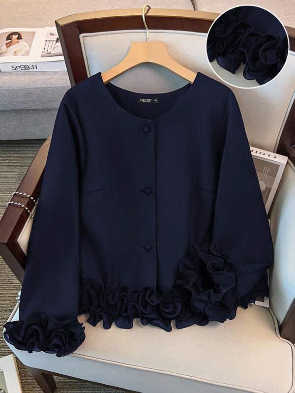 Regalyn Plus Size Women Round Neck Long Sleeve Jacket, Versatile Minimalist Design Suitable For Autumn/Winter Daily Commute, Ruffle Cuff Detail