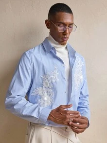 AKNOTIC Men's Light Blue Patched Long Sleeve Shirt, Fall, For Christmas
