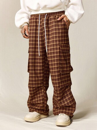 Men's Prep Casual Drawstring Waist Pockets Plaid Print Pants, For Fall