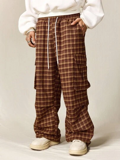 ROMWE MEN Street Life Herrbyxor med rutmönster och dragsko i midjan, för hösten