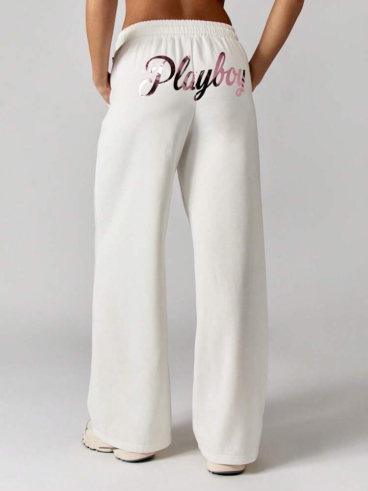 Missguided x Playboy Oversized Wide Leg Joggers Drawstring Waistband Lounge Pants Elastic Band Retro Logo Cozy Leisure Bottoms Fall Winter Casual Streetwear