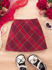 SHEIN Babygirl Versatile Elegant Lady Casual Cute Solid Color Elastic Waist Wool Blend Red Plaid Christmas Mini Skirt, Versatile Autumn And Winter, Red Plaid Skirt, Christmas Skirt, Fashionable Design Cutting-Edge Fashion Design Can Be Worn Indoors And Outdoors, Simple Style, Suitable For Indoor, Outdoor, Daily, Sports, Play, Party, Photo, Vacation, Festival - Multicolor - View 2