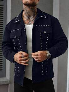 Manfinity LEGND Men's Street Stud Metal Jacket, Out Bomber Gothic Black Long Sleeve Jacket, Gifts For Friends, Husbands, Boyfriends Studded Jacket Men Denim Jacket Men Studded Men Studded Jacket Black Studded Jacket Men Men Dark Jacket - Navy Blue - View 3