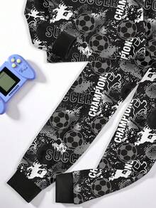 1set Teen Boys Snug Fit Pajamas, Black Football Graffiti Allover Print Long Sleeve Top And Pants, Spring/Autumn - Black - View 3
