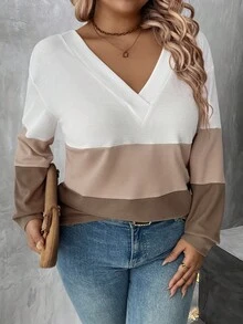EMERY ROSE Camiseta de manga larga de talla grande para mujer con bloque de color, camiseta gráfica para otoño y primavera - Multicolor - Ver 1