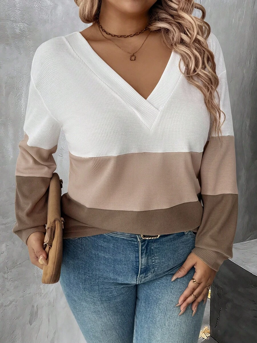 EMERY ROSE Camiseta de manga larga de talla grande para mujer con bloque de color, camiseta gráfica para otoño y primavera - Multicolor - Ver 1
