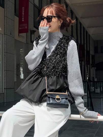 FRIFUL 女式黑色无袖拼接毛绒面料褶皱设计宽松休闲百搭分层背心，秋季