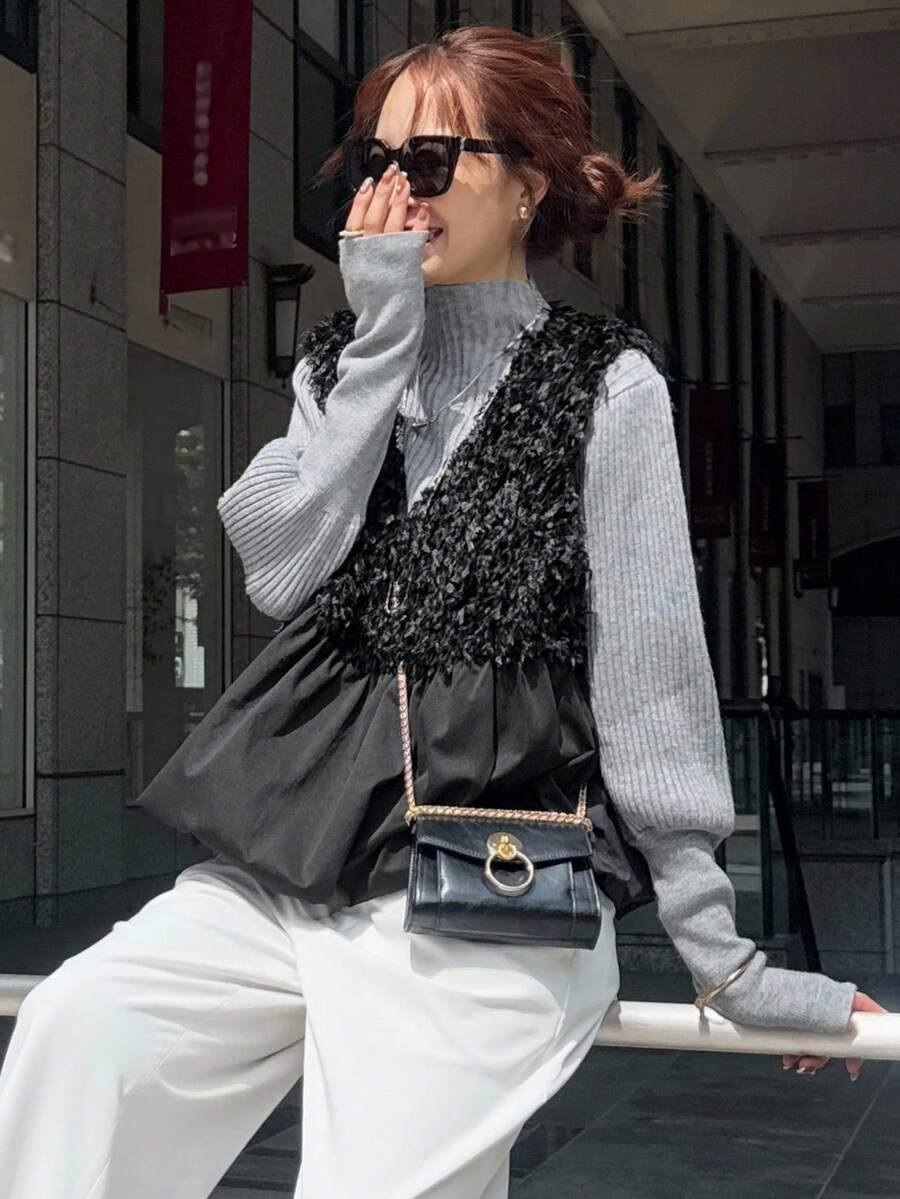 FRIFUL 女式黑色无袖拼接毛绒面料褶皱设计宽松休闲百搭分层背心，秋季 - 黑色 - 查看 1