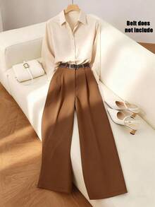 Franclia 女式杏色基本款长袖上衣和棕色直筒裤商务正装返校教师时尚两件套，秋冬 - 杏色 - 查看 1