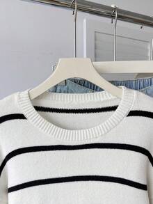 Teen Girl Retro Striped Loose Fit Crew Neck Sweater, Suitable For Home, Outing, Party, Back To School Fall Winter