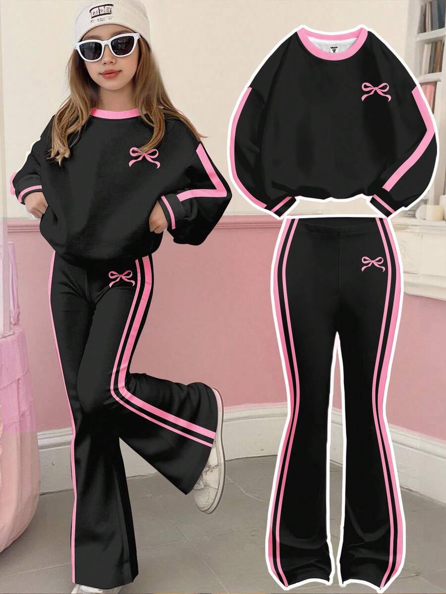 SHEIN Set de 2 piezas Conjunto informal de estilo escolar vintage para niñas preadolescentes, incluye sudadera holgada de cuello redondo grueso con gráfico de lazo y pantalones acampanados, negro y rosa, adecuado para otoño/invierno - Blanco - Ver 1