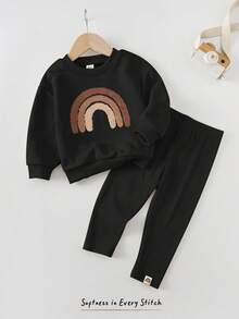 Cozy Pixies 2pcs Baby Girl Rainbow Pattern Knit Soft Crew Neck Long Sleeve Sweatshirt And Elastic Waist Pants Set Baby Set Autumn Winter Season Rainbow Baby Outfits Two Piece Toddler Set Baby Casual Sets Fall - Black - View 7